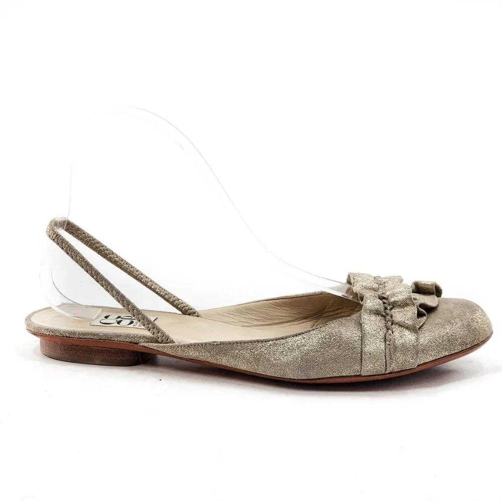 BARNEYS NEW YORK COOP Ruffle Gold Leather Slingback Flat Sandals - Picture 4 of 6